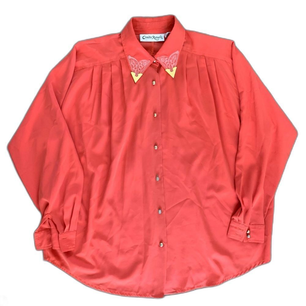Claudia Richard Orange Vintage Applique Gold Hardware Collared Shirt Size 12